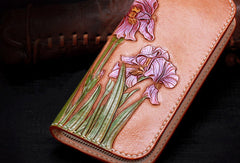 Handmade women leather Brown orchid flower wallet leather zip clutch Tooled wallet