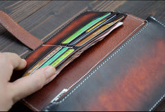 Handmade vintage dark brown leather long wallet purse clutch for men