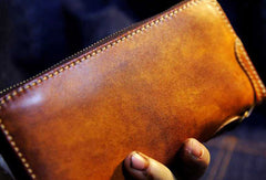 Handmade long wallet leather zip men brown vintage biker trucker wallet for men