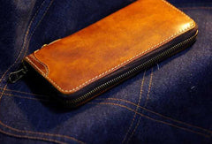 Handmade long wallet leather zip men brown vintage biker trucker wallet for men