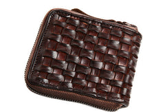 Handmade billfold leather wallet men zip braided leather billfold wallet for men him