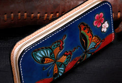 Handmade women leather blue butterfly wallet leather zip clutch Tooled wallet
