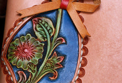 Handmade leather blue beige flowers wallet leather zip women clutch Tooled wallet