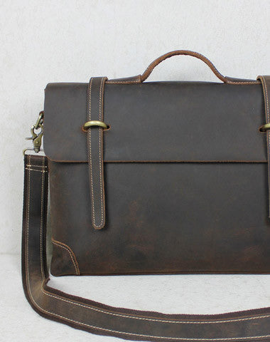 Handmade leather men Briefcase messenger coffee brown shoulder laptop 14 inch bag vintage bag