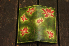 Handcraft vintage distress green floral leather hand dyed long wallet for women lady