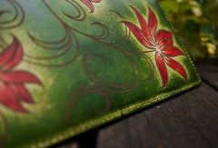 Handcraft vintage distress green floral leather hand dyed long wallet for women lady