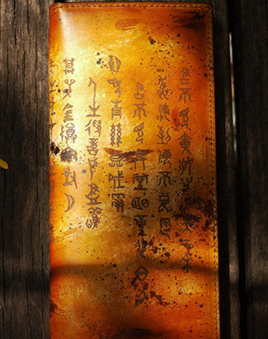 Handcraft vintage distress chinese poem leather hand dyed long wallet for men
