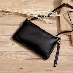 Black Leather Wristlet Wallet Womens Small Minimalist Shoulder Purse Zip Crossbody Purse Slim Shoulder Bag for Women