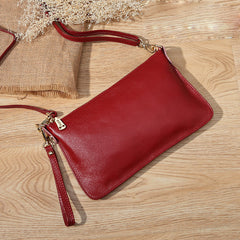 Rose Red Leather Wristlet Wallet Womens Small Minimalist Shoulder Purse Zip Crossbody Purse Slim Shoulder Bag for Women