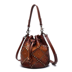 Purple Leather Womens Bucket Handbag Shoulder Bag Studded Western Leather Shoulder Barrel Bag Purse