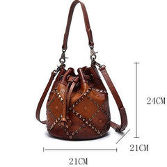Tan Leather Womens Bucket Handbag Shoulder Bag Studded Western Brown Leather Shoulder Barrel Bag Purse