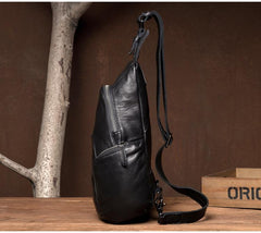 Cool Black Leather Chest Bag Mens Cool Sling Bag Black Crossbody Pack for men