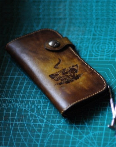 Handmade biker wallet leather carved coffee tan motorcycle leather wallet for men