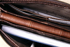 Men Leather clutch Vintage Bifold Dark Coffee Long wallet men leather zip clutch bag