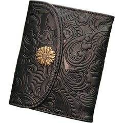 Mini Womens Black Leather Billfold Wallet SunFlower Small Wallet with Coin Pocket Envelope Wallet for Ladies