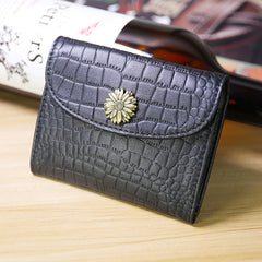 Mini Womens Black Leather Billfold Wallet SunFlower Small Wallet with Coin Pocket Envelope Wallet for Ladies