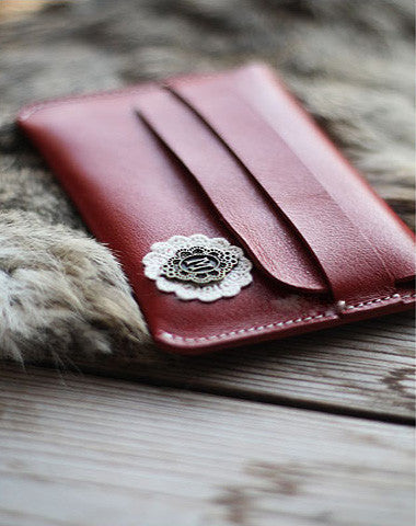 Handmade vintage sweet pretty red flower leather iphone case cover for women/lady girl