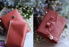 Handmade vintage cute bowknot leather billfold bifold wallet for women/lady