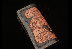 Handmade black brown leather skull carved biker wallet Long wallet clutch for men