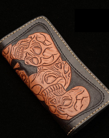 Handmade black brown leather skull carved biker wallet Long wallet clutch for men