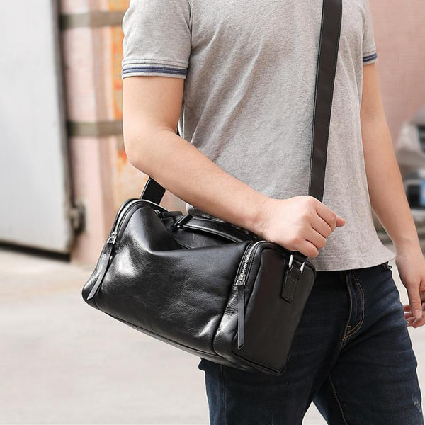 best small cross body bag for travel for men Fashion Black Leather Men's Small Barrel Side Bag Messenger Bag Small Black Overnight Bag For Men