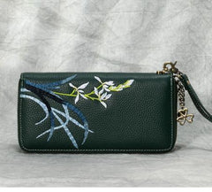 Handmade Embroidery Gray Leather Orchids Wristlet Wallet Womens Zip Around Wallets Flowers Orchids Ladies Zipper Clutch Wallet for Women