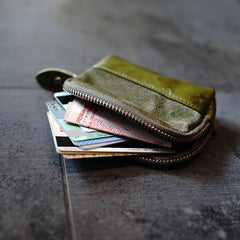 Vintage Women Gray Leather Zip Coin Pouch with Keyring Coin Wallet Change Wallet For Women
