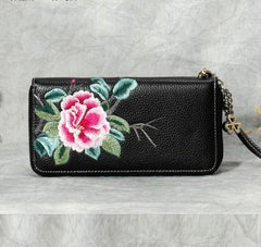 Handmade Embroidery Pink Leather Peony Wristlet Wallet Womens Zip Around Wallets Flowers Peony Ladies Zipper Clutch Wallet for Women