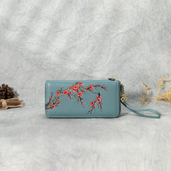 Handmade Embroidery Blue Leather Wristlet Wallet Womens Zip Around Wallets Flowers Plum Blossom Ladies Zipper Clutch Wallet for Women