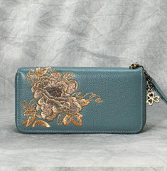 Peony Embroidery Blue Leather Peony Wristlet Wallet Womens Zip Around Wallets Flowers Peony Ladies Zipper Clutch Wallet for Women