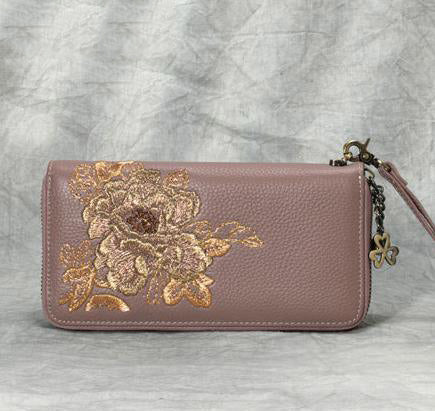 Peony Embroidery Gray Leather Peony Wristlet Wallet Womens Zip Around Wallets Flowers Peony Ladies Zipper Clutch Wallet for Women