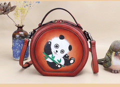 Cutest Women Coffee Leather Round Handbag Panda Crossbody Purse Vintage Round Shoulder Bags for Women