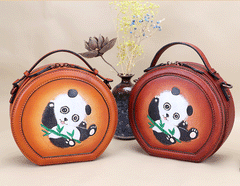 Cutest Women Brown Leather Round Handbag Panda Crossbody Purse Vintage Round Shoulder Bags for Women