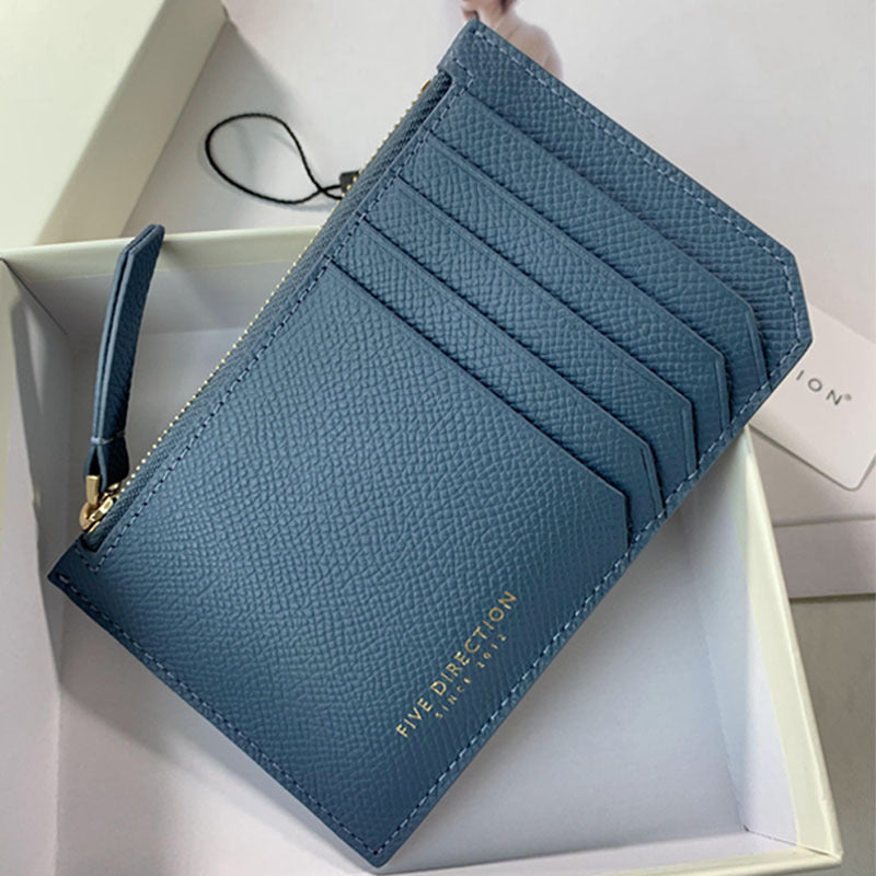 Cute Women Gray Blue Leather Slim Card Holder Card Wallet Zipper Change Wallet For Women