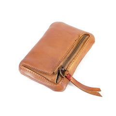Vintage Women Small Brown Leather Zip Coin Pouch Mini Coin Wallet Change Wallet For Women