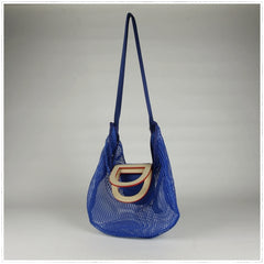 Womens Blue Net Polyester Leather Tote Handbag Purse Polyester Tote Shoulder Bag Purse for Ladies