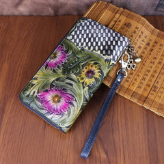 Vintage Handmade Flowers Floral Gray Leather Wristlet Wallet Womens Zip Around Wallets Flowers Ladies Zipper Clutch Wallet for Women