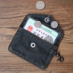 Vintage Womens Black Denim Mini Card Holder with Lanyard Denim Small Card Wallet Purse for Women