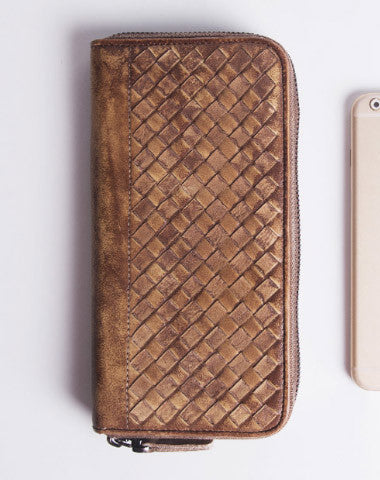 Handmade braided long wallet leather men phone zip clutch vintage wallet for men