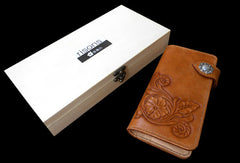 Handcraft vintage handmade carved floral leather long wallet for women ladys