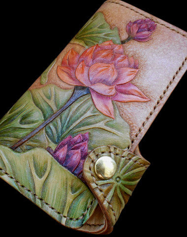 Handcraft vintage hand painting lotus flower leather ID card wallet for women