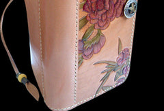Handcraft vintage hand painting peach blossom leather long wallet for women