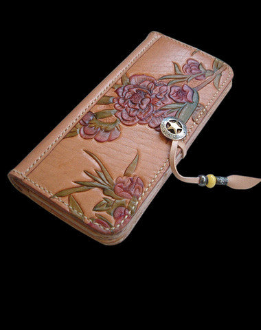 Handcraft vintage hand painting peach blossom leather long wallet for women