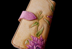 Handcraft vintage hand painting Dahlia pinnata leather long wallet for women