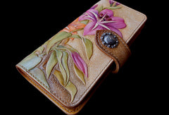 Handcraft vintage hand painting lily leather long/keys wallet for women