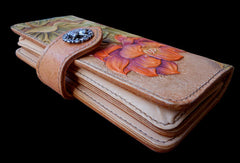 Handcraft vintage hand painting lotus flower leather long wallet for women