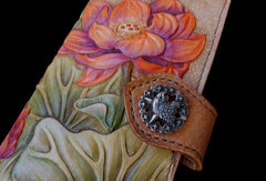 Handcraft vintage hand painting lotus flower leather long wallet for women