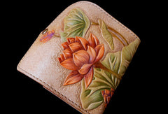 Handmade Womens Wallet tooled lotus flower leather long wallet for women