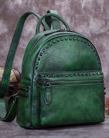 Genuine handmade Leather backpack bag rivet shoulder bag black mens women leather purse