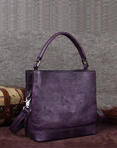 Purple Genuine Leather Womens Bucket Handbags Barrel Shoulder Bag Purses for Ladies